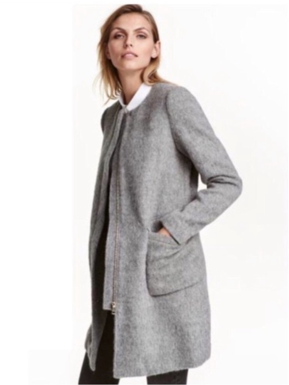 H&M Wool Blend Collarless Women's Dress Coat SZ 14 Gray Full Zip Fall Coat